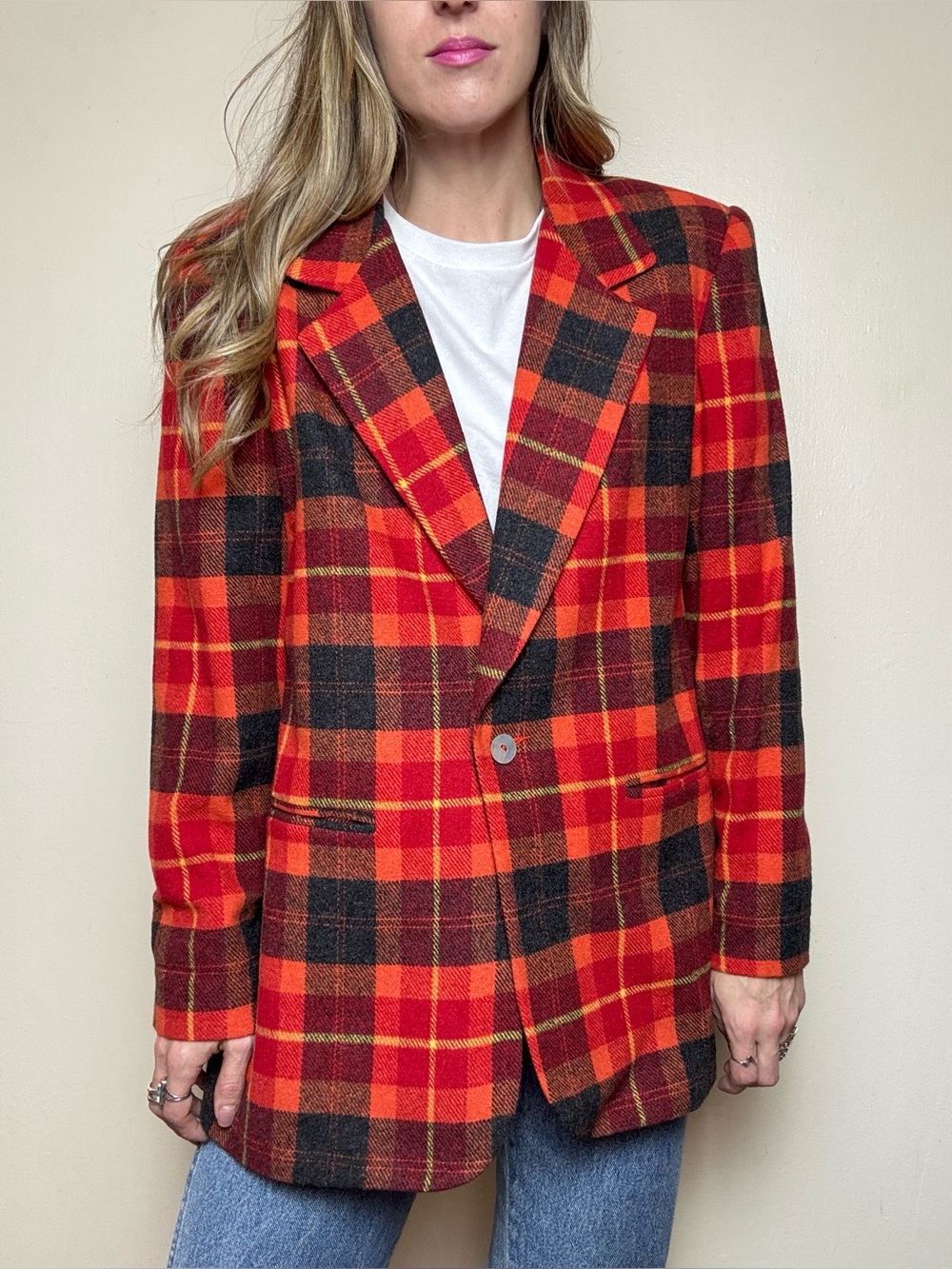 Women's Wool Red Plaid Single-Button Blazer Jacket